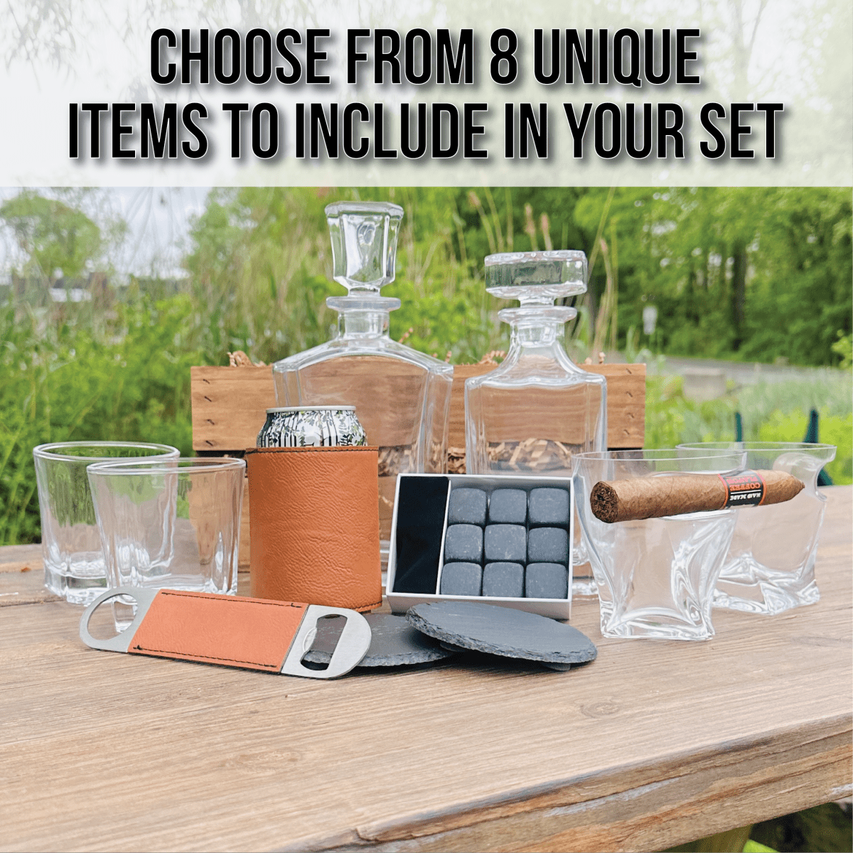 Customizable barware gift set with personalized engraving, featuring premium decanters, whiskey glasses, slate coasters, and more, elegantly packaged in a wooden crate – perfect for Father’s Day, weddings, or birthdays