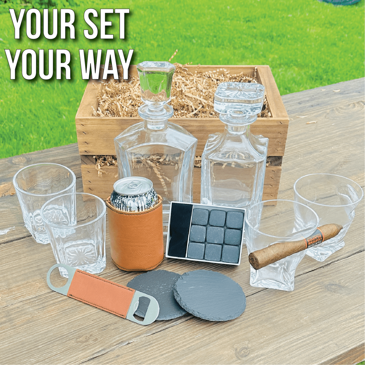 Customizable barware gift set with personalized engraving, featuring premium decanters, whiskey glasses, slate coasters, and more, elegantly packaged in a wooden crate – perfect for Father’s Day, weddings, or birthdays