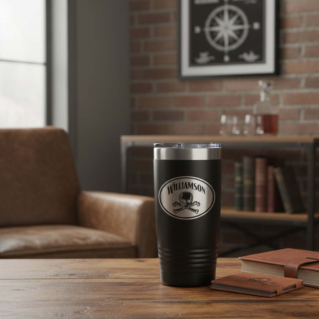 Black 20 oz tumbler with stainless steel rim, engraved with sample name "WILLIAMSON" and skull-and-crossbones motif, displayed on wooden table in home office setting