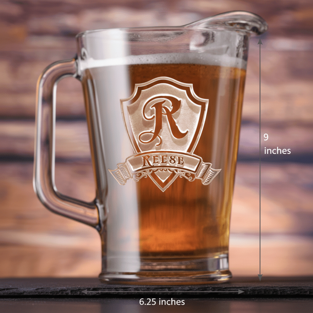Glass beer pitcher filled with amber liquid, engraved with sample shield crest design and "REESE" banner, measuring 9 inches tall and 6.25 inches wide