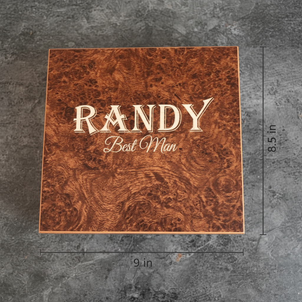 Burl wood humidor lid engraved with sample personalization "RANDY" and "Best Man" in white lettering, measuring 9 by 8.5 inches
