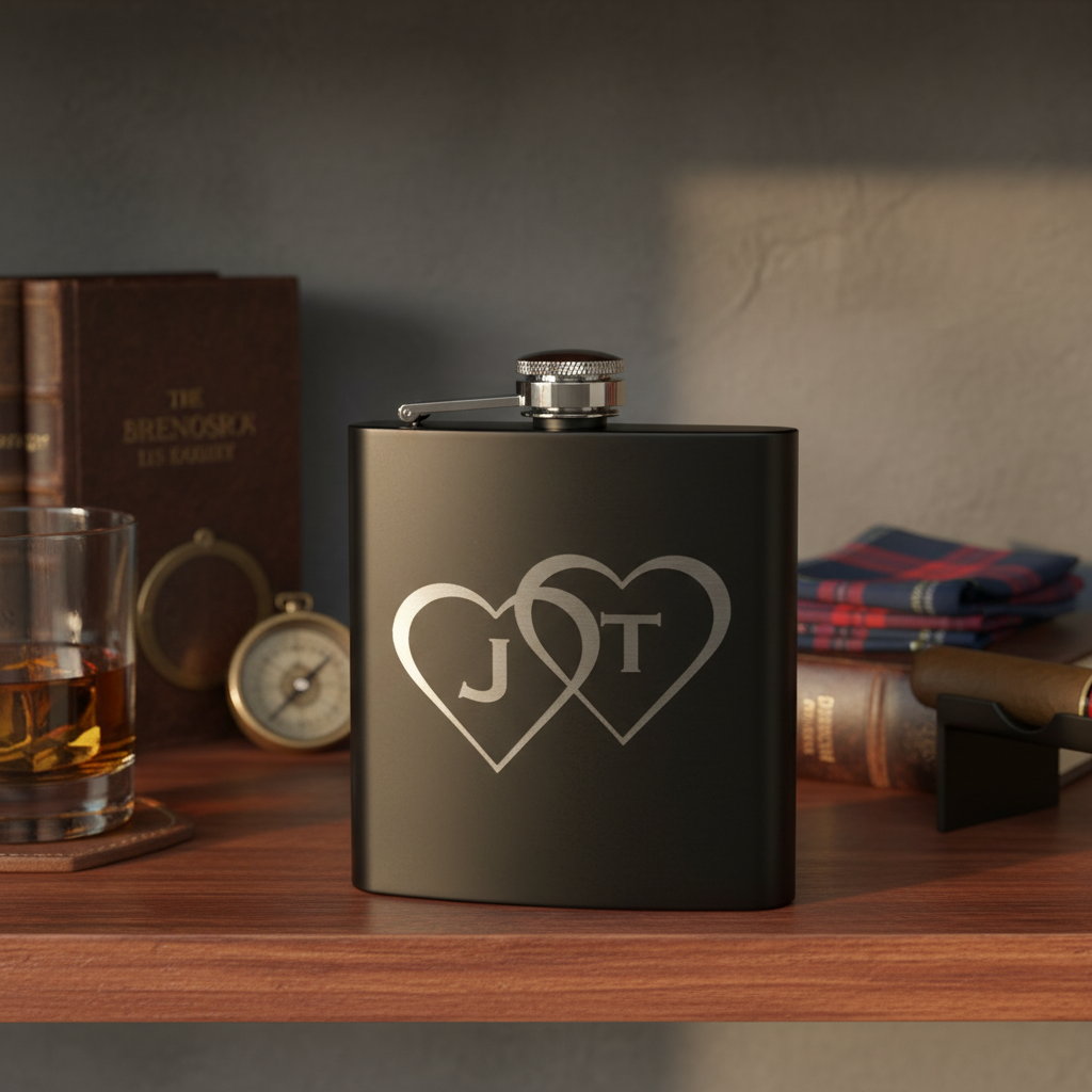Matte black flask engraved with sample initials "J" and "T" in interlocking hearts design, displayed on wooden desk with whiskey glass and books