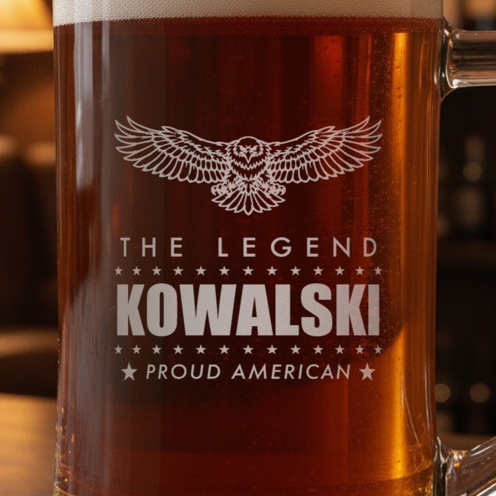 Close-up of the frosted bald eagle engraving on a patriotic beer stein: The Legend, Kowalski between rows of 13 stars and Proud American