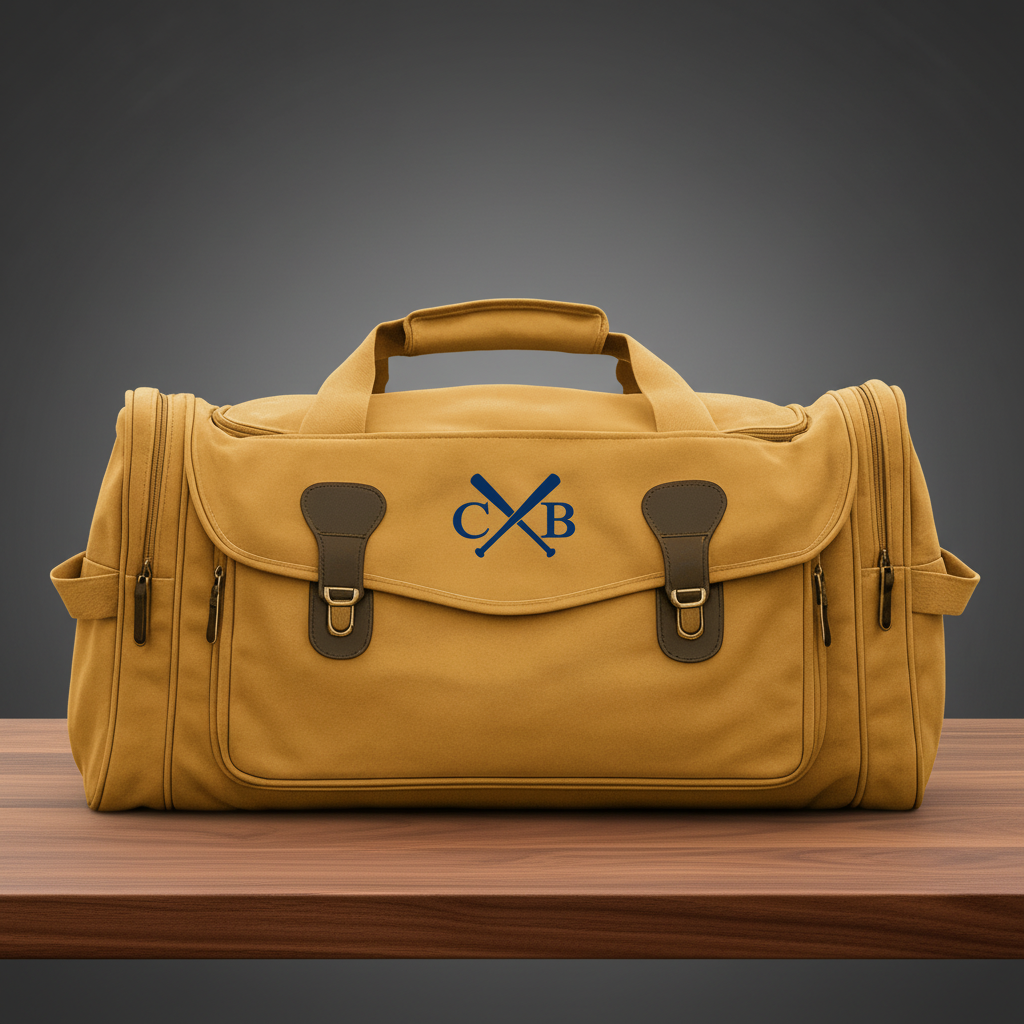 Tan canvas duffle bag with brown leather handles and accents, personalized with crossed bats embroidered around sample initials "CB" on front flap
