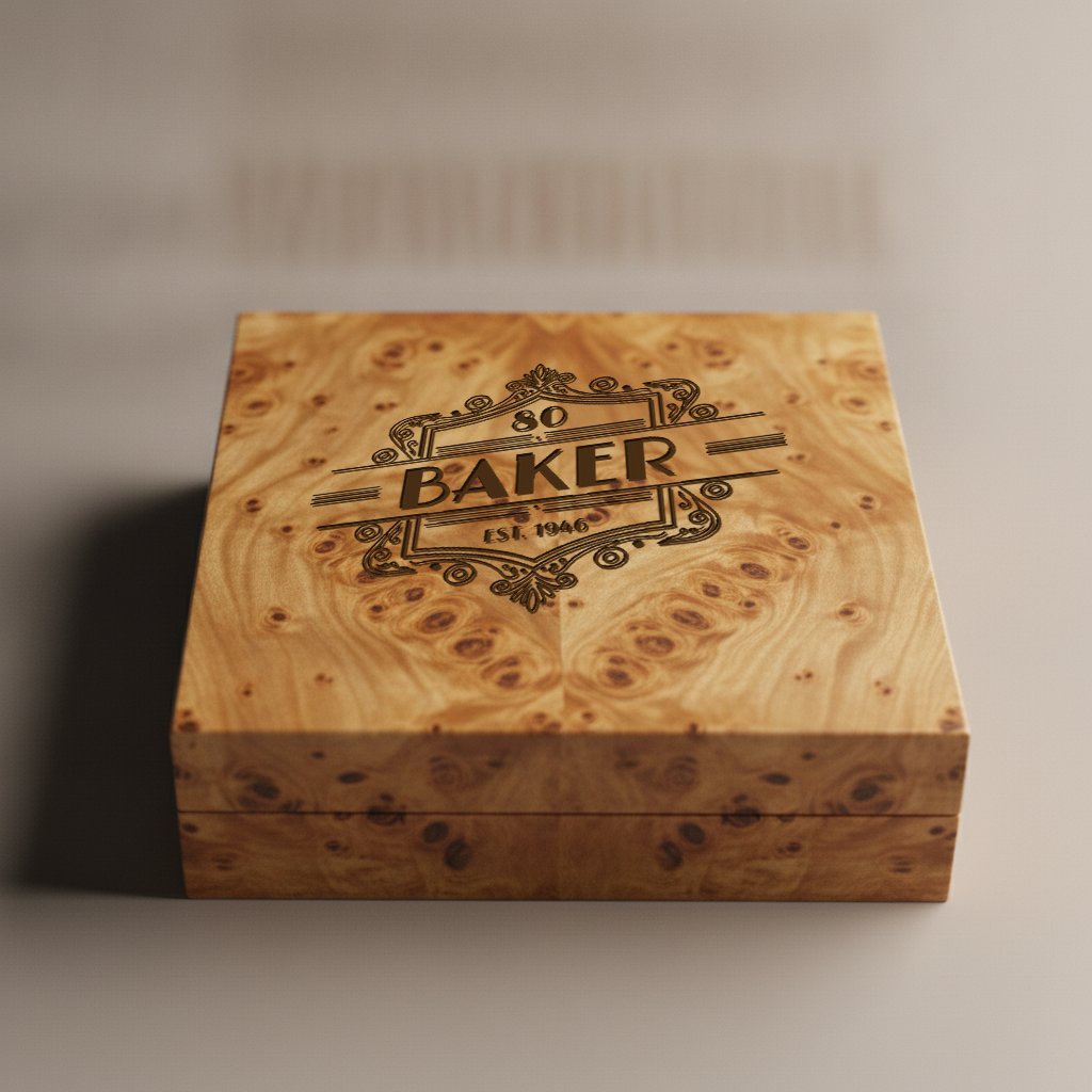 Personalized 80th birthday keepsake box in burl wood with an engraved art-deco crest