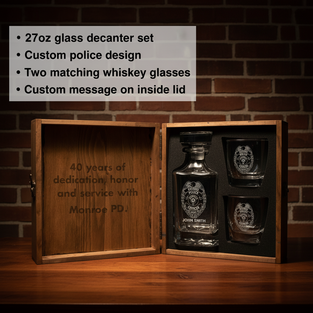 Wooden gift box opened displaying 27oz glass decanter with laser-engraved police badge and sample personalization "John Smith," paired with two matching whiskey glasses, interior lid engraved with sample message "40 years of dedication, honor and service with Monroe PD