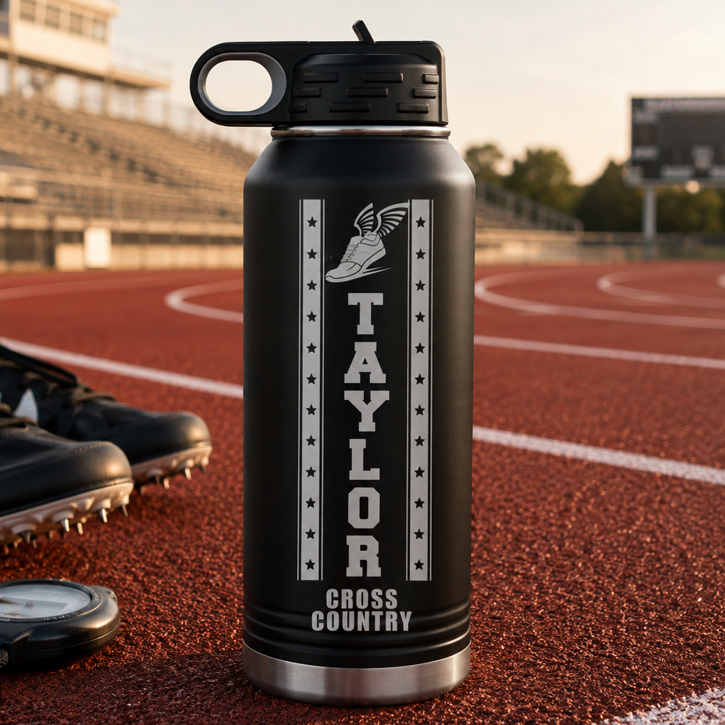 Black insulated water bottle with sample engraving of winged shoe design and "TAYLOR CROSS COUNTRY" text, positioned on a track with cleats nearby.