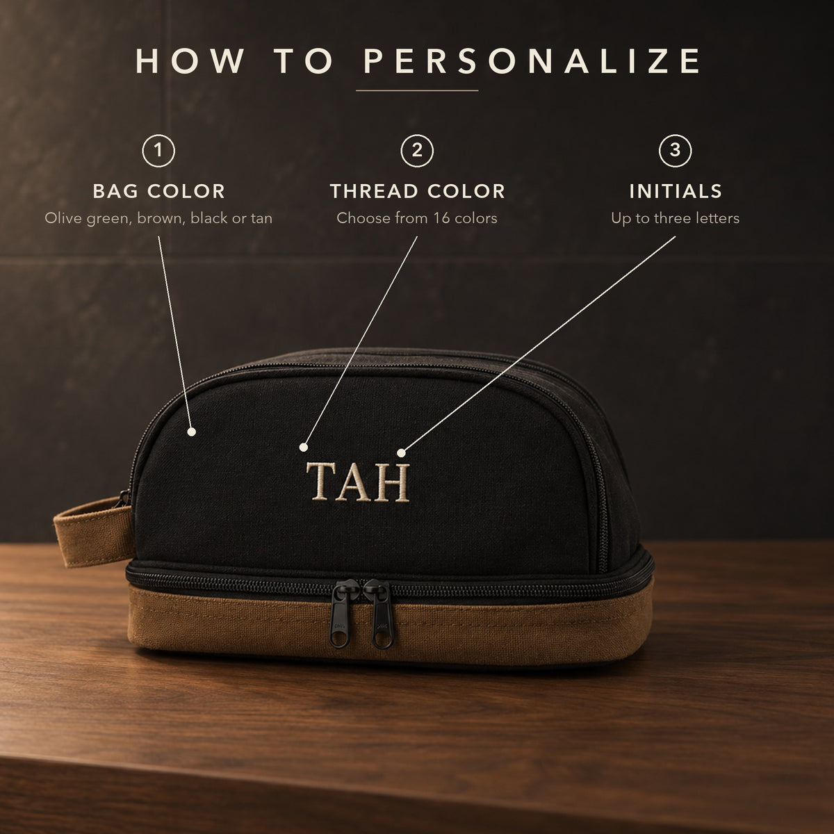 How to personalize the embroidered dopp kit: a numbered guide to choosing the bag color, the thread color and up to three initials, shown as TAH on black canvas