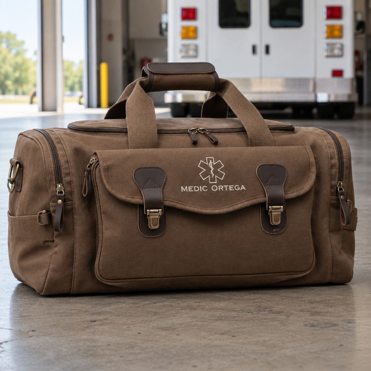 Brown canvas EMS duffle bag with leather trim embroidered with the Star of Life and MEDIC ORTEGA in ivory thread, on an ambulance bay floor, a paramedic gift