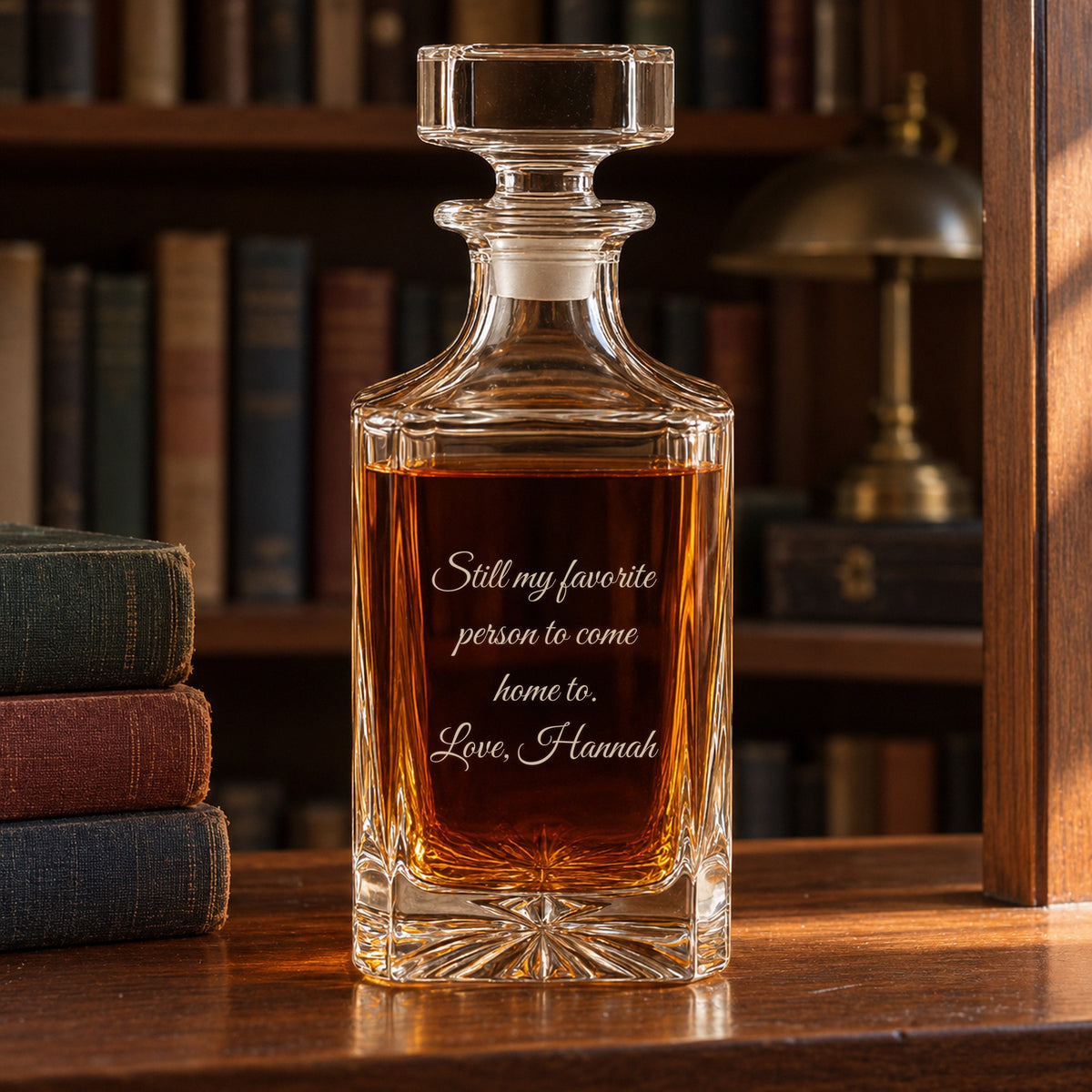 Back of the anniversary decanter engraved Still my favorite person to come home to, Love, Hannah, on a bookshelf, a 7 year anniversary gift