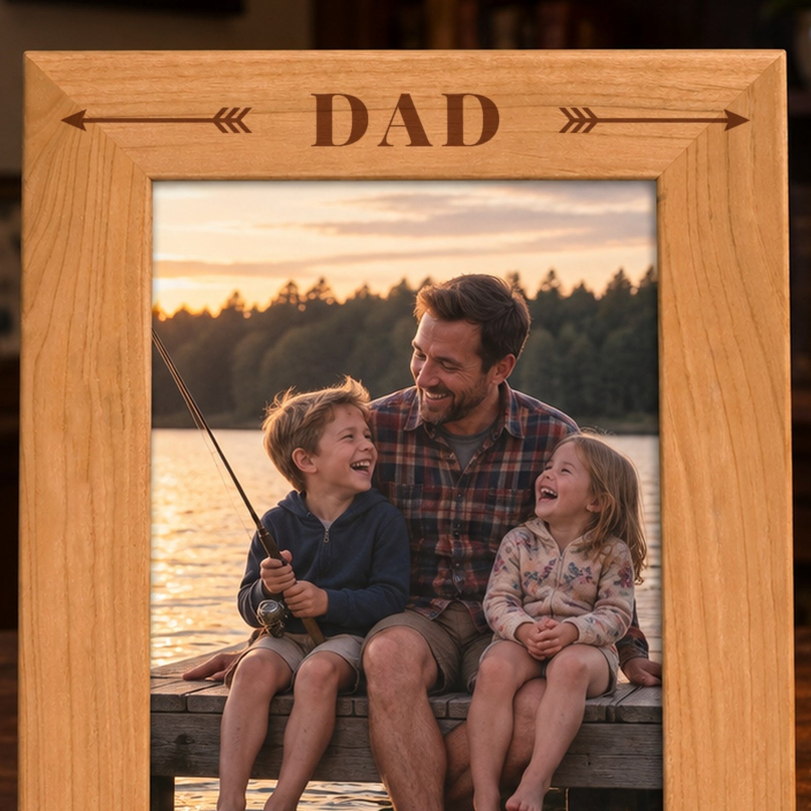 Close-up of Dad engraved in bold capitals between two feathered arrows on the top border of a red alder dad picture frame