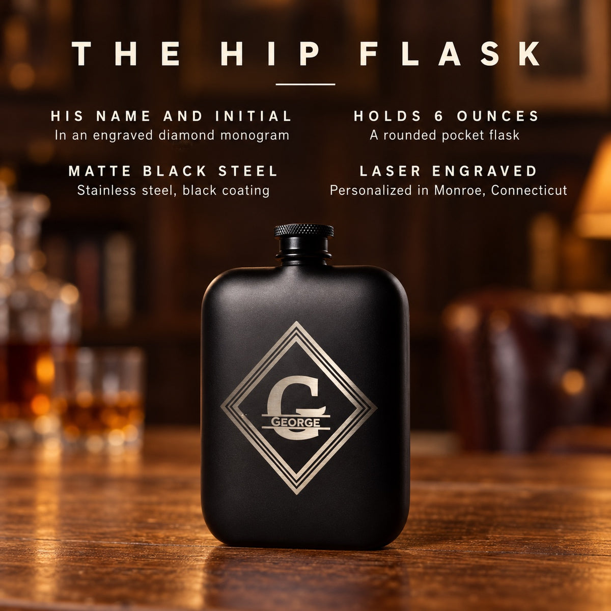 Details of the engraved flask for men: his name and initial in a diamond monogram, holds 6 ounces, matte black stainless steel, laser engraved