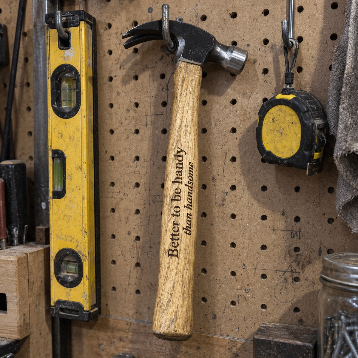 Engraved hammer reading Better to be handy than handsome hanging on a workshop pegboard beside a level and a tape measure