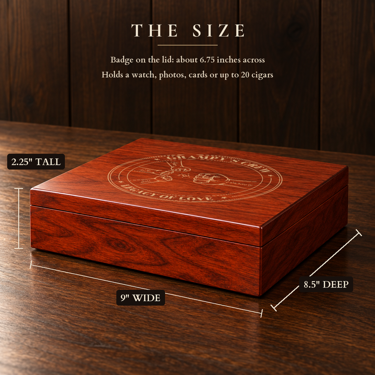 Engraved keepsake box for grandpa measuring 9 inches wide, 8.5 inches deep and 2.25 inches tall, with a Grampy's Crew fist bump badge on the lid