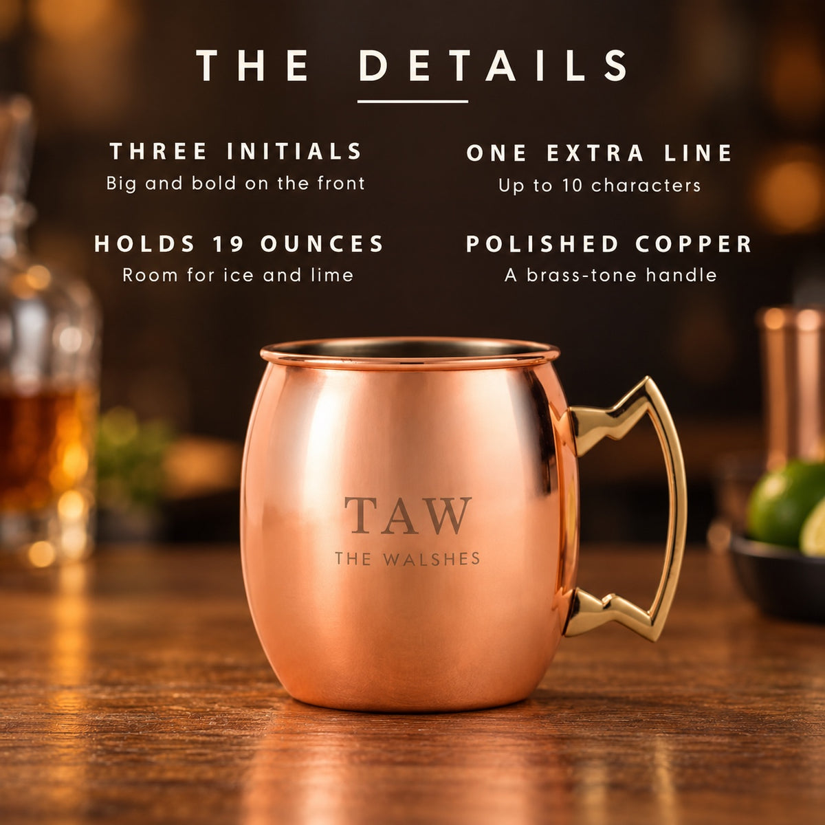 Details of the engraved Moscow mule mug: three bold initials on the front, one extra line up to 10 characters, holds 19 ounces, polished copper with a brass handle.