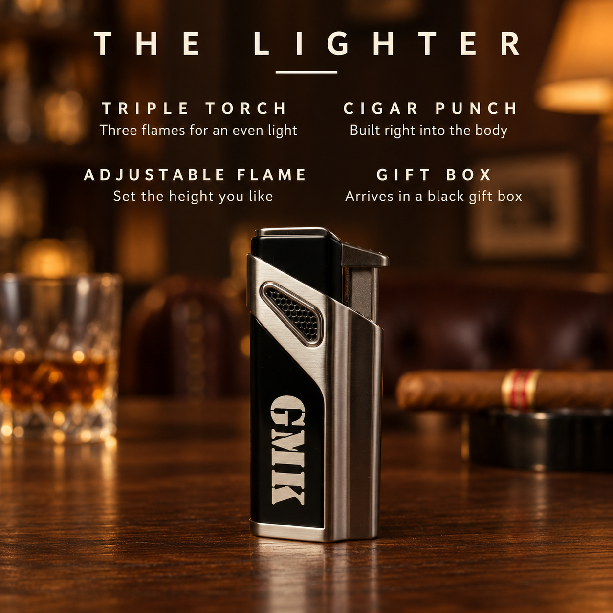 Details card for the engraved torch lighter: triple torch flames, a built-in cigar punch, an adjustable flame and a black gift box, shown with GMK engraved