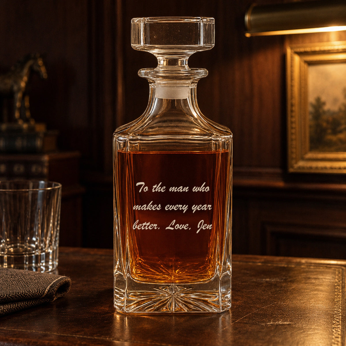 Back of an engraved whiskey decanter with a script message from Jen to her husband, a personalized anniversary gift for him on a leather-topped home bar