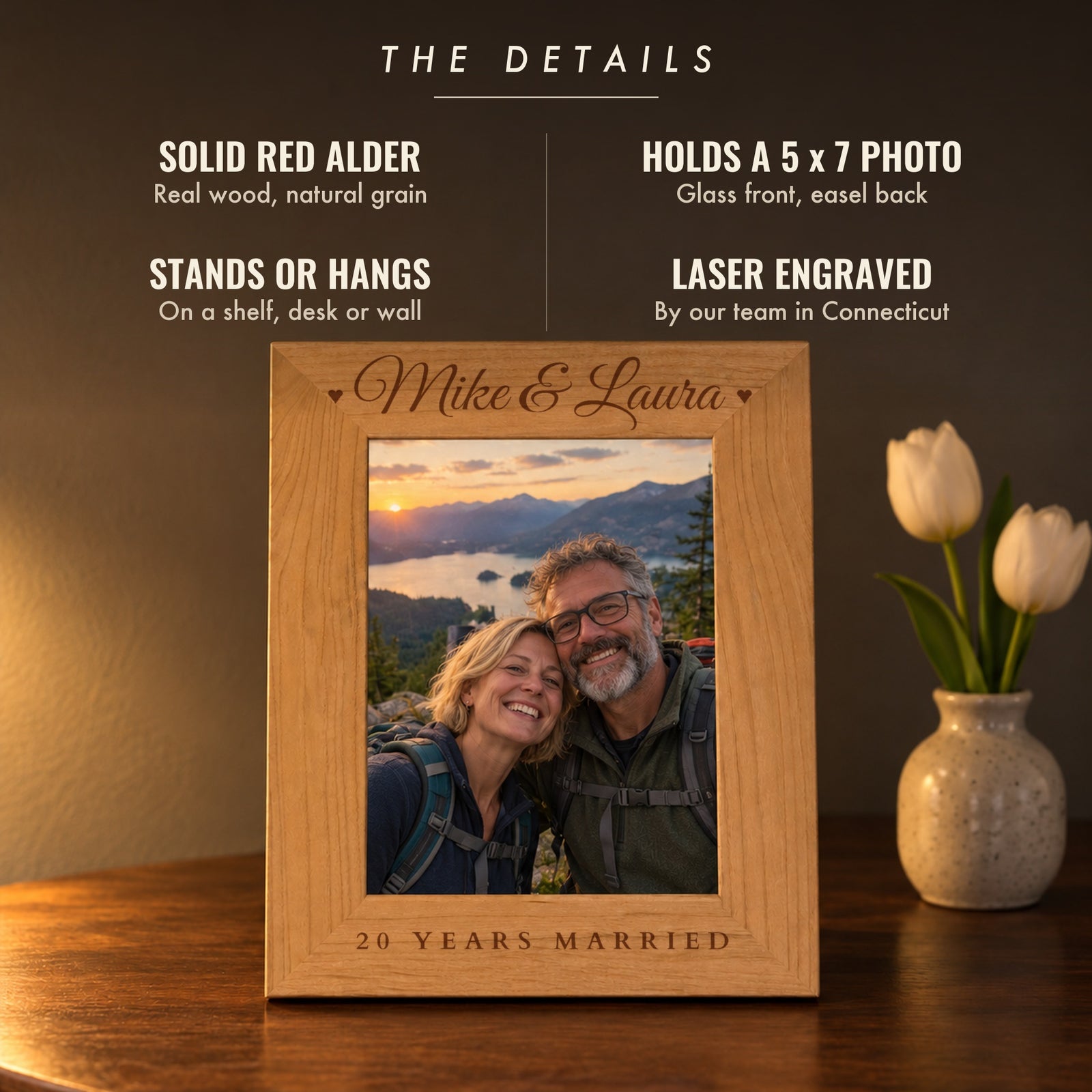 Details of the engraved wood picture frame: solid red alder, holds a 5 x 7 photo, stands or hangs, laser engraved, shown as Mike & Laura 20 Years Married
