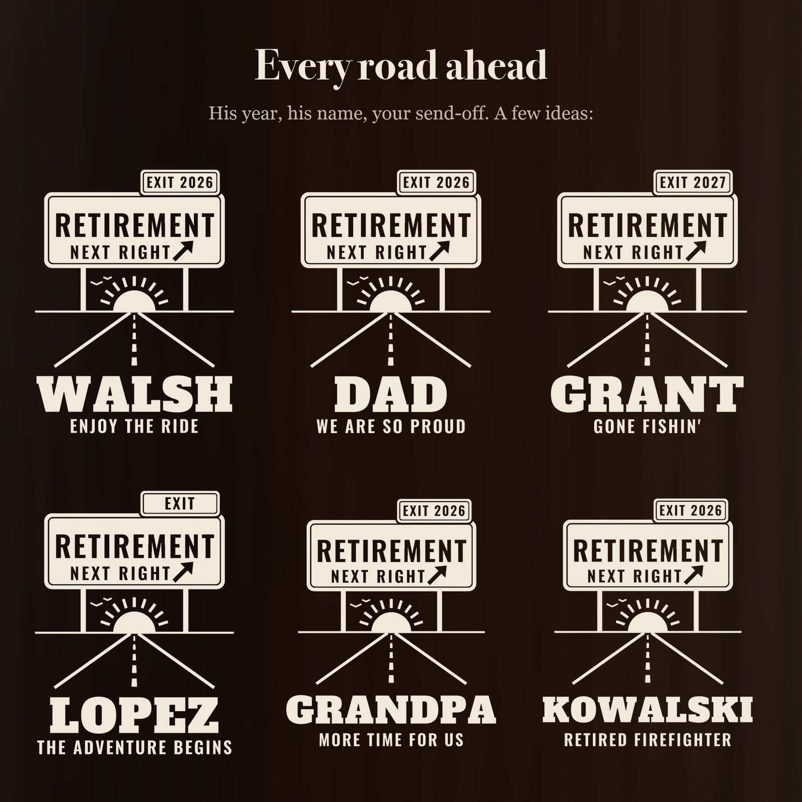 Six ways to engrave the exit sign retirement beer mug, including one for DAD reading WE ARE SO PROUD and one for GRANDPA reading MORE TIME FOR US