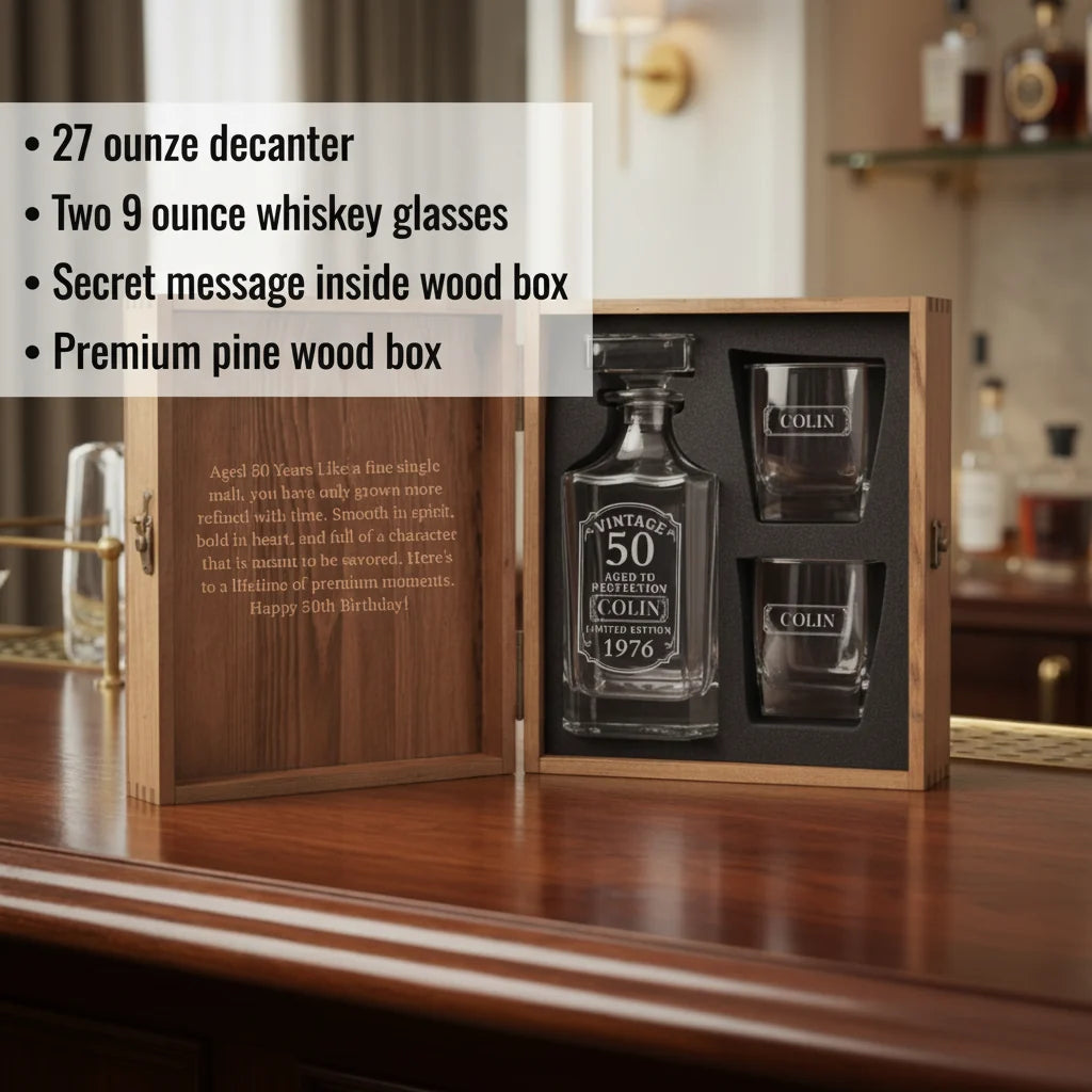 Pine wood box containing engraved decanter and two whiskey glasses with sample birthday message on interior lid