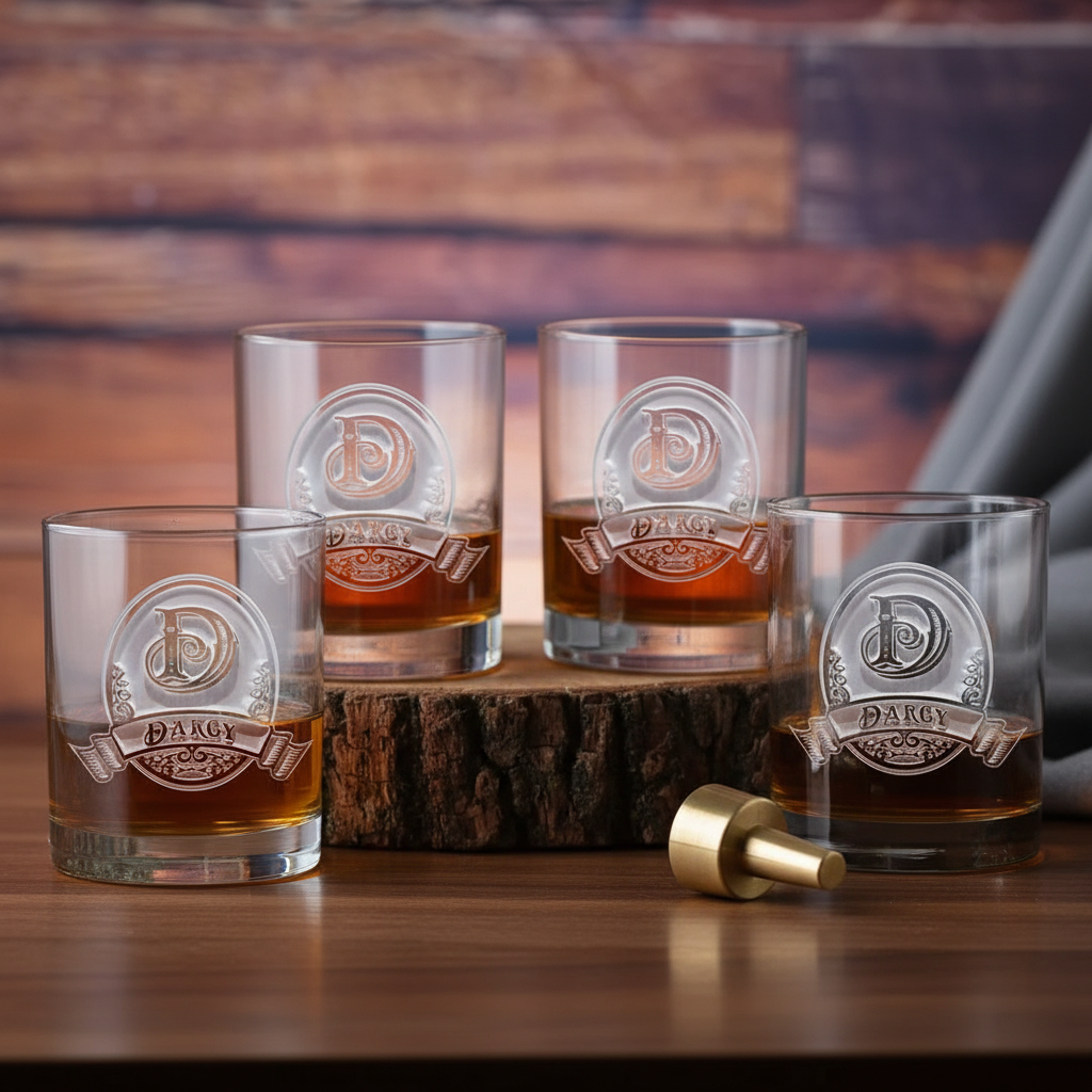 Highland Monogram personalized bourbon glass set of four with sand-carved monogram close-up showing engraved detail