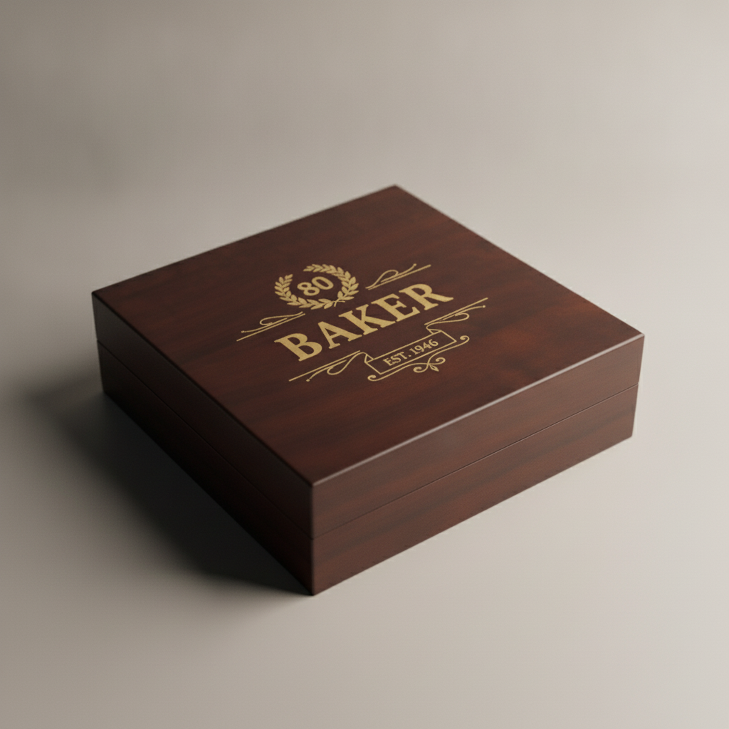 Personalized 80th birthday keepsake box in cherry wood engraved with a gold crest showing the name, the number 80, and the birth year, a unique 80th birthday gift for him