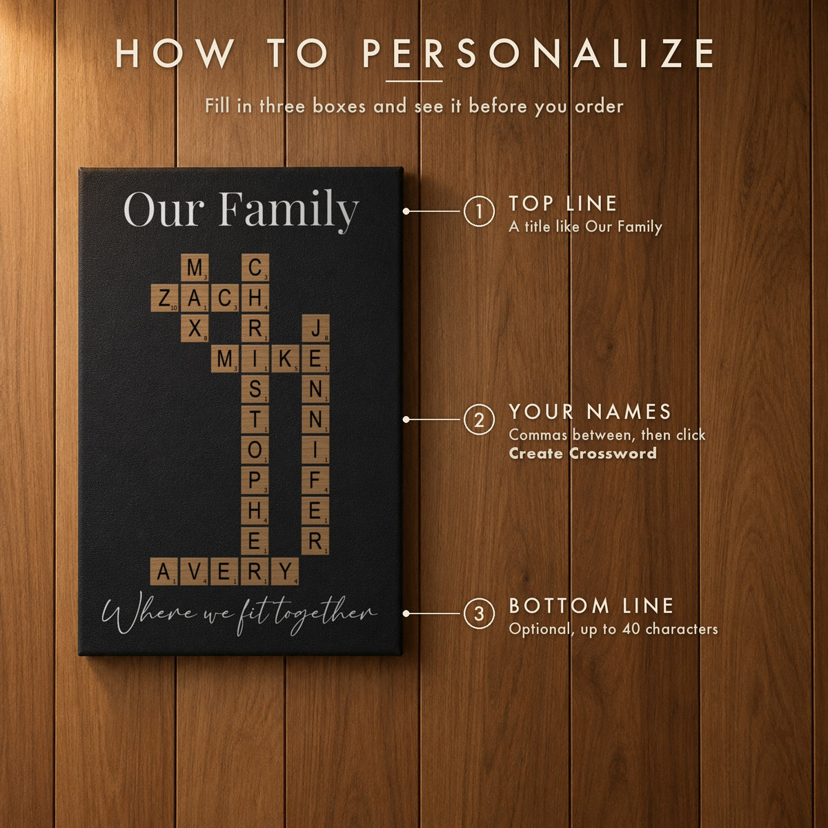 How to personalize the family crossword sign: add a top line, type every name with commas and click Create Crossword, then an optional bottom line
