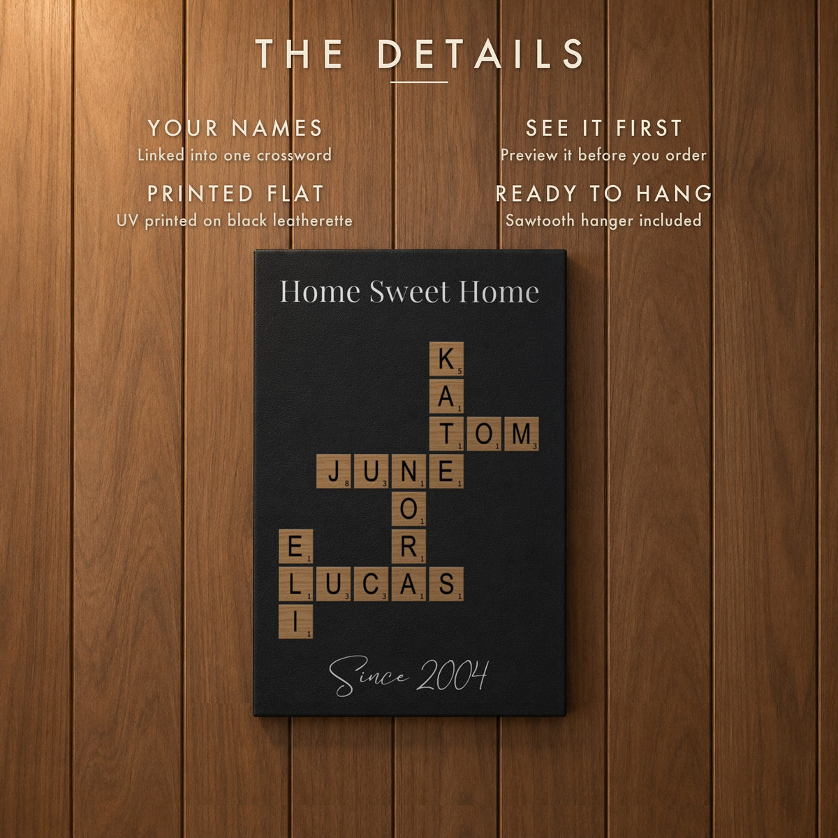 The details of the family crossword wall art: names linked into one crossword, preview before ordering, UV printed on black leatherette, sawtooth hanger