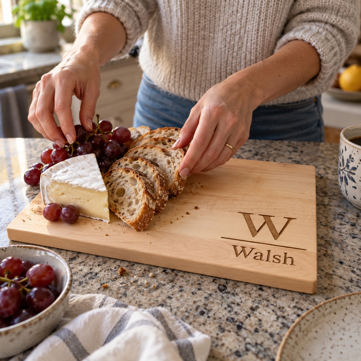Hands set sourdough, brie and grapes on a maple family name cutting board engraved W and Walsh, a personalized cutting board gift for dad