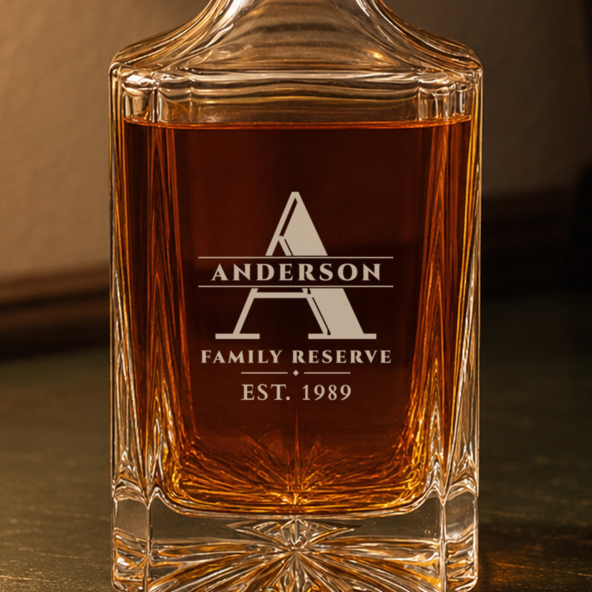 Close-up of the frosted engraving on the monogrammed decanter: a large A, Anderson, Family Reserve, est. 1989
