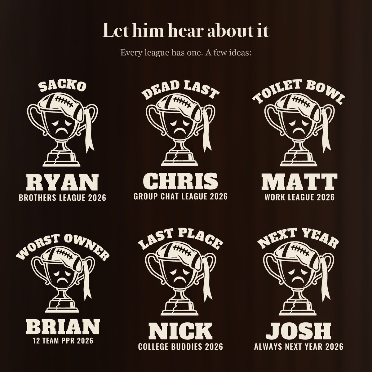 Six ways to engrave the fantasy football last place stein: Sacko Ryan, Dead Last Chris, Toilet Bowl Matt, Worst Owner Brian, Next Year Josh and more