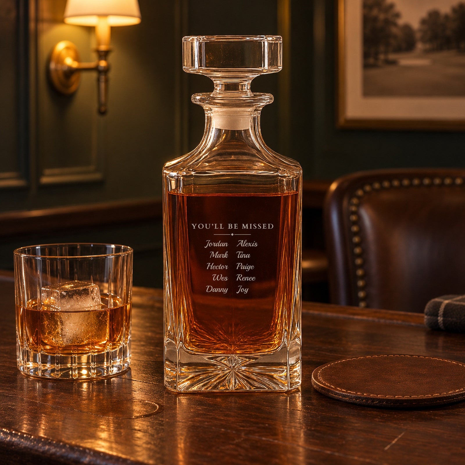 Farewell gift for a boss on a home bar: a whiskey decanter engraved You'll Be Missed with ten team names, beside a rocks glass of bourbon