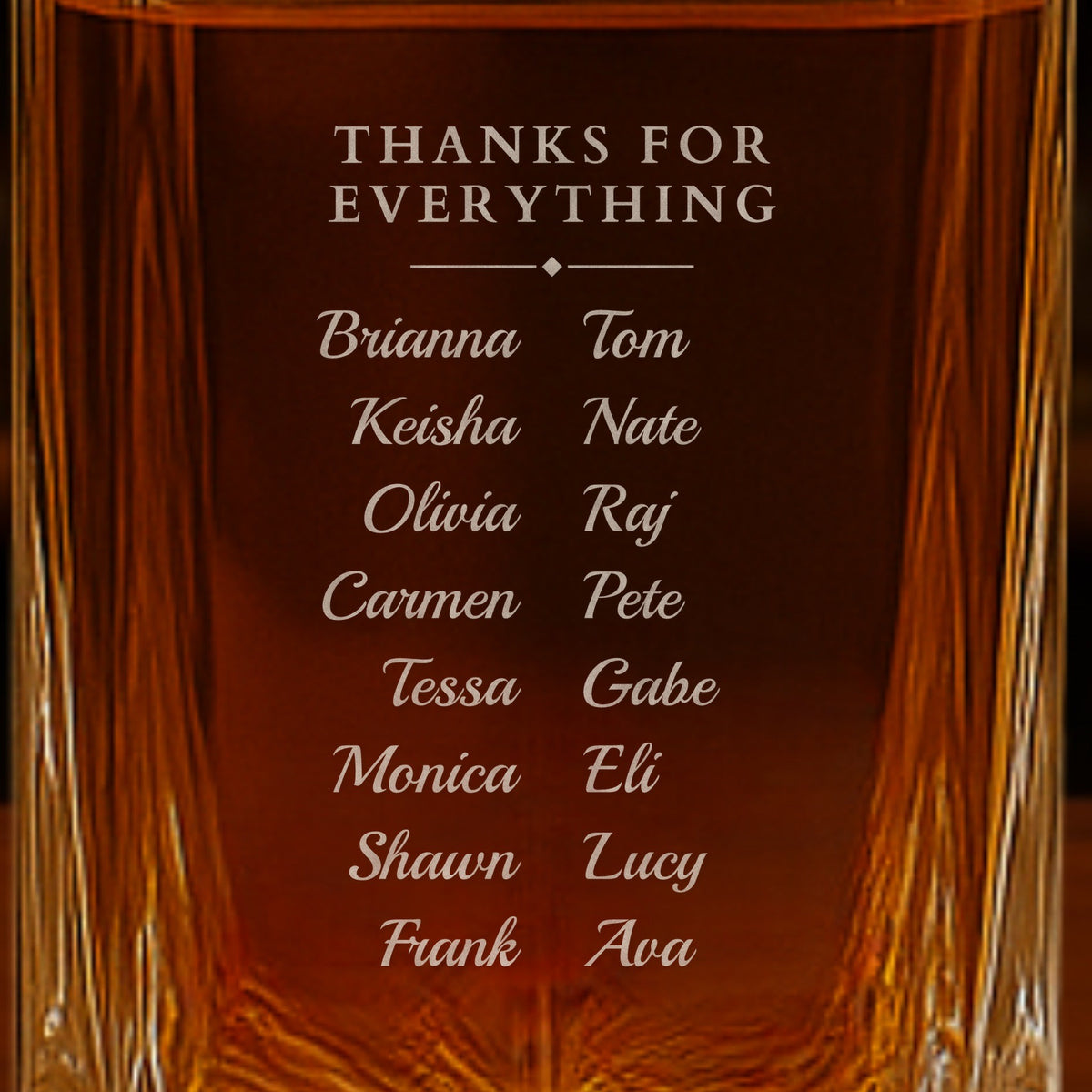 Back of a farewell gift for a coworker: Thanks for Everything engraved above sixteen team names in script on a whiskey decanter