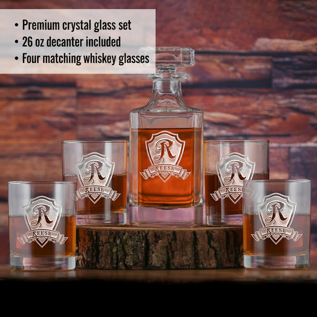 Crystal decanter set with example engraving showing shield design and "REESE" monogram, displayed with four matching whiskey glasses filled with amber liquid on wood base