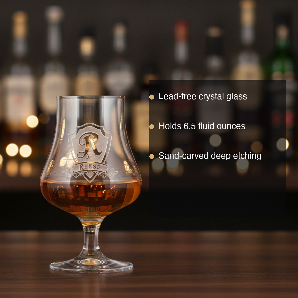 Nose Master personalized whiskey nosing glass with sand-carved shield initial and engraved name banner features: lead-free crystal, 6.5 oz, sand-carved deep etching