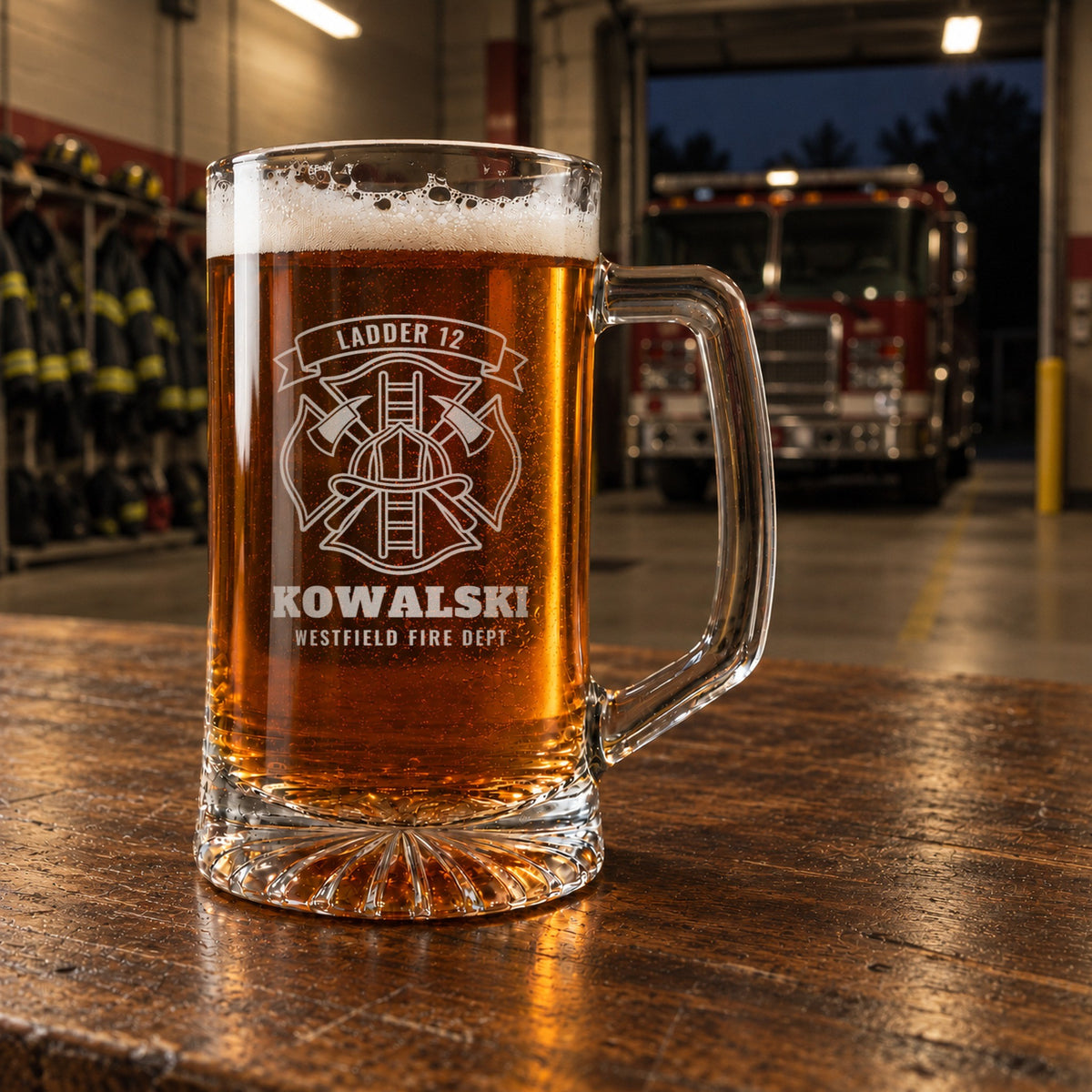 Personalized firefighter beer stein on a firehouse kitchen table with a fire engine and turnout gear behind it, engraved Ladder 12, Kowalski