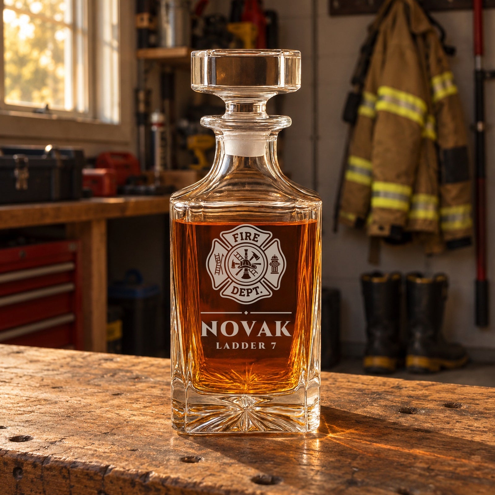 Engraved firefighter decanter with the Maltese cross, Novak and Ladder 7, on a garage workbench with his turnout coat and boots behind it