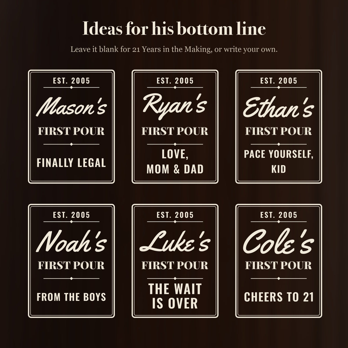 Six bottom line ideas for a 21st birthday beer stein, from Finally Legal and Love, Mom and Dad to From the Boys and Cheers to 21