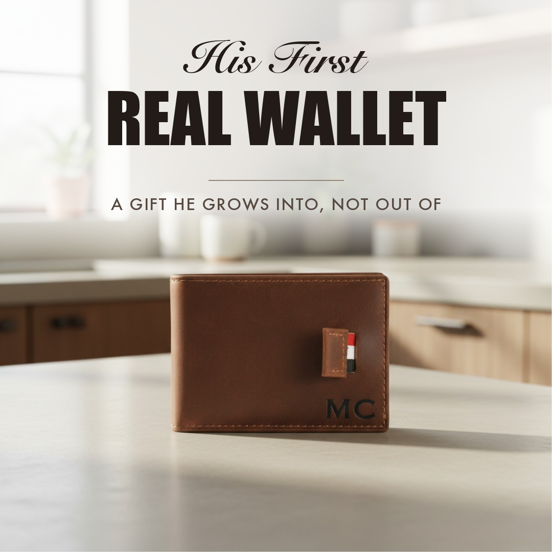 Brown leather bifold wallet engraved with initials, captioned His First Real Wallet, shown as a personalized gift for a teen boy.