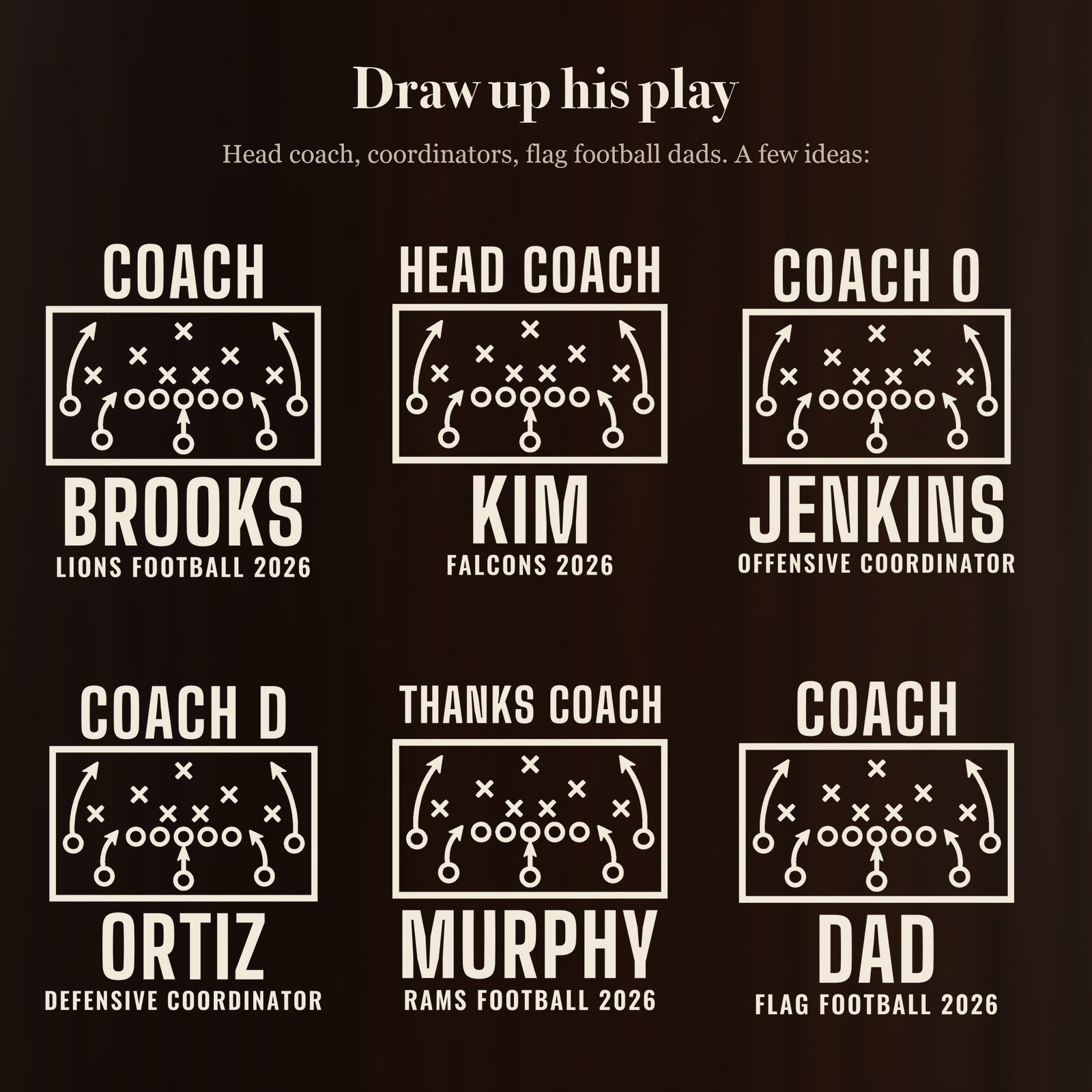 Six ways to engrave the football coach playbook beer stein: Coach Brooks, Head Coach Kim, Coach O Jenkins, Coach D Ortiz and more