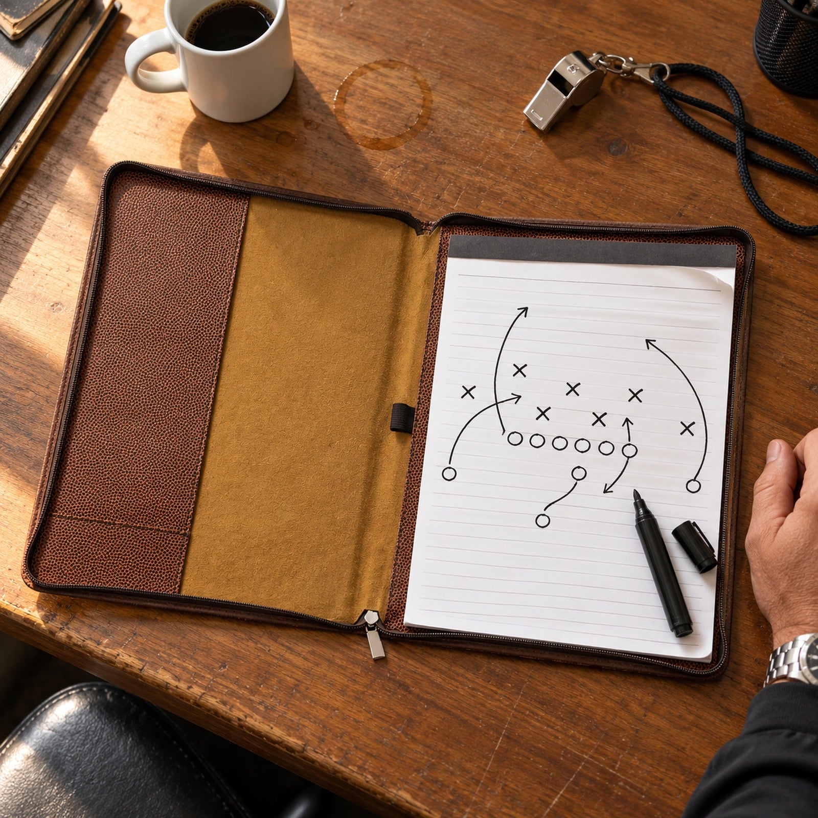 The football coach portfolio open on a desk, showing the lined legal pad with a hand-drawn play, the pen loop and the tall inside pocket for rosters