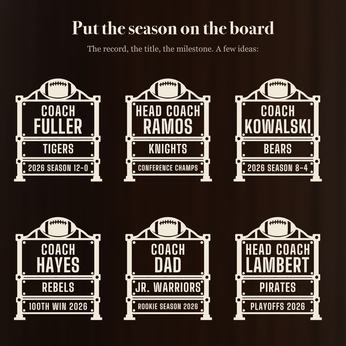Six ways to engrave the football coach scoreboard beer stein: Coach Fuller, Head Coach Ramos, Coach Kowalski, Coach Hayes and more