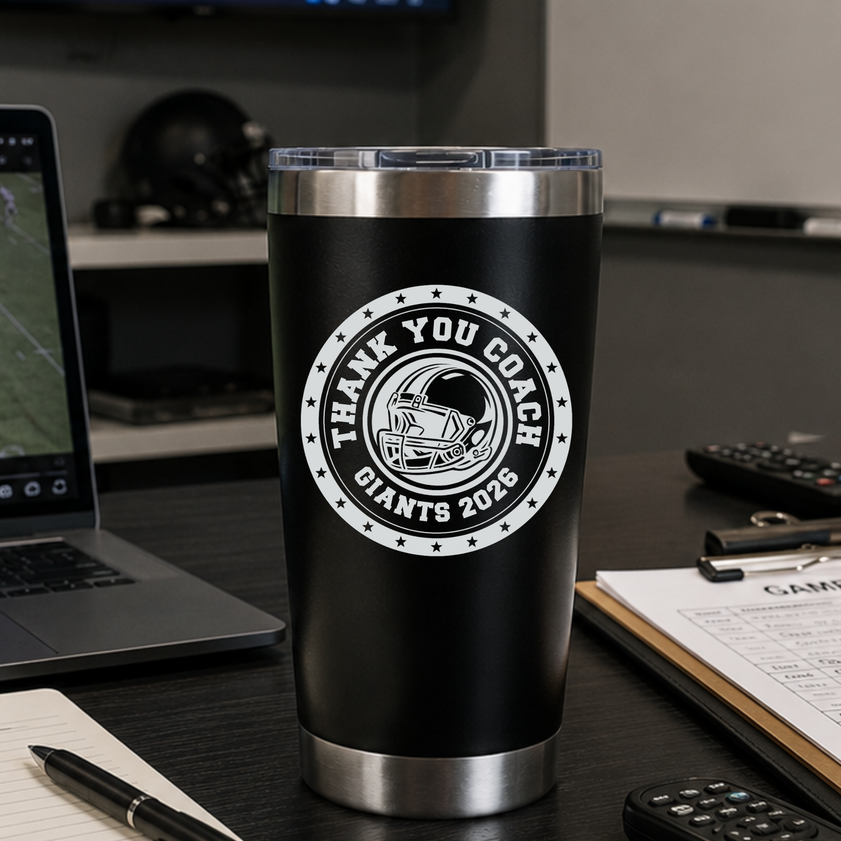 Personalized football coach tumbler engraved with THANK YOU COACH and the team name, a 20oz insulated coach appreciation gift