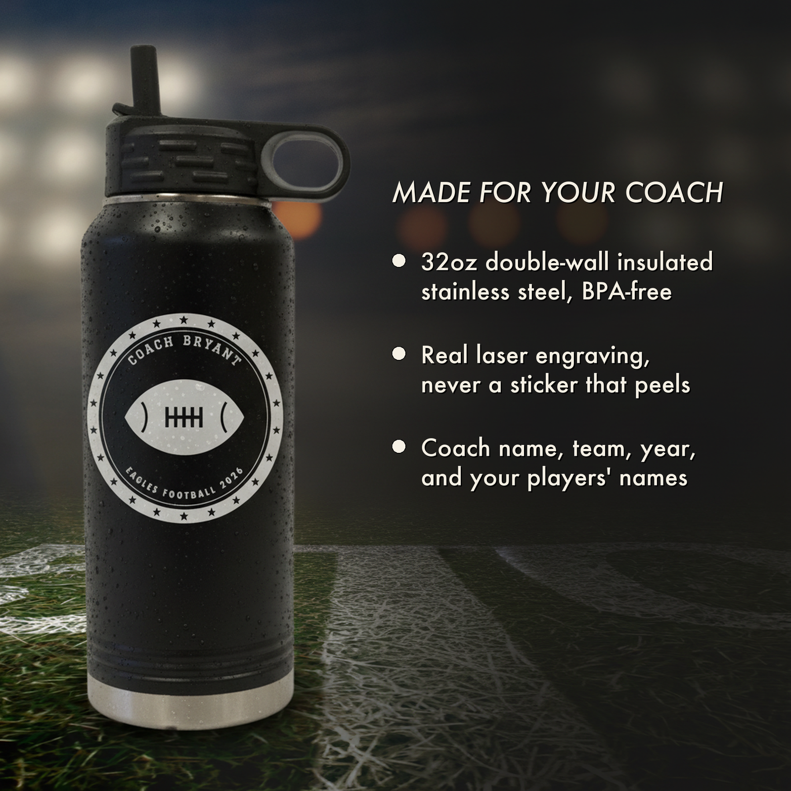 Feature highlights for the engraved football coach water bottle showing 32oz insulated stainless steel construction and laser engraving details