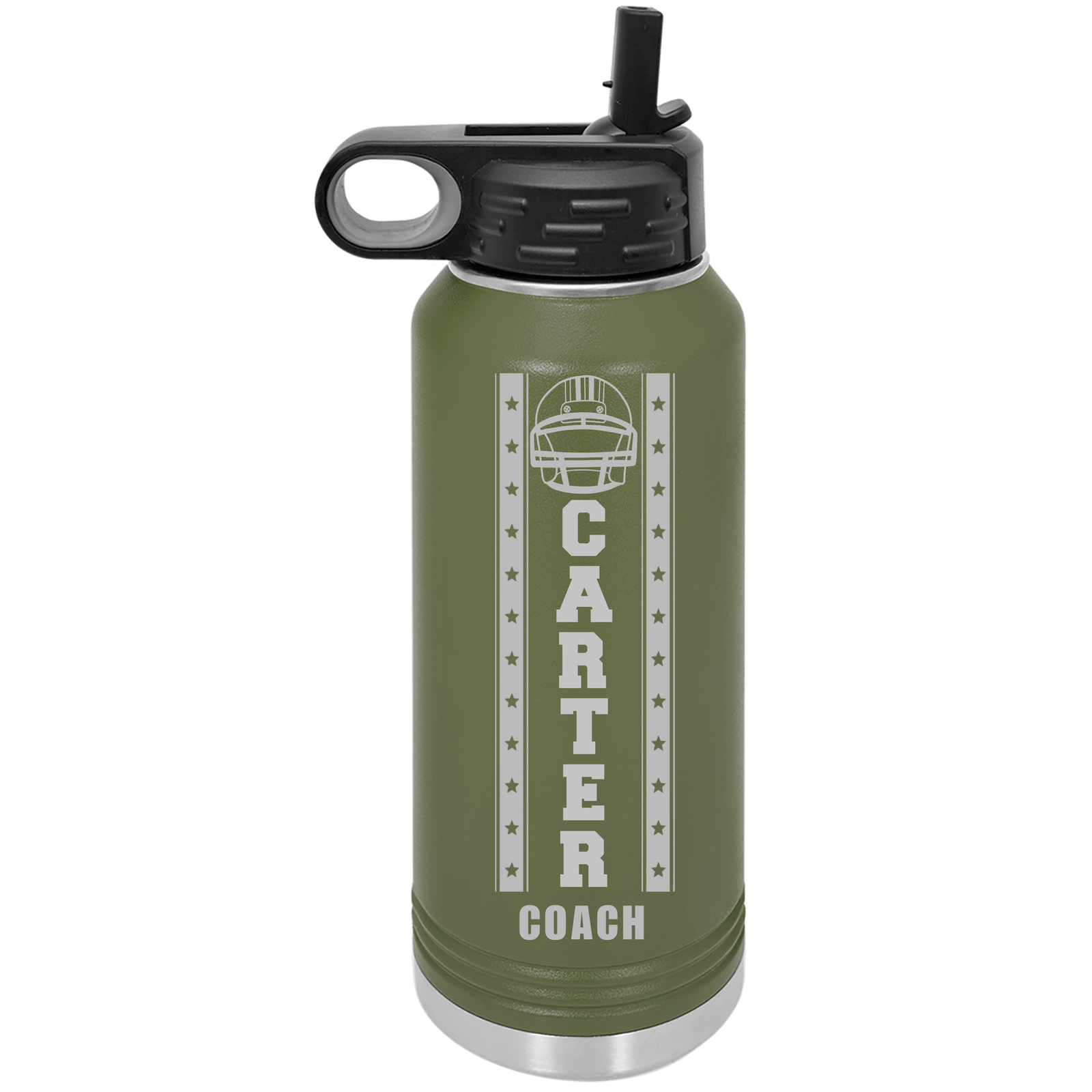 Olive green engraved football coach water bottle with a laser football helmet graphic, coach name down the center and Coach subtitle, 32oz double-wall insulated steel.