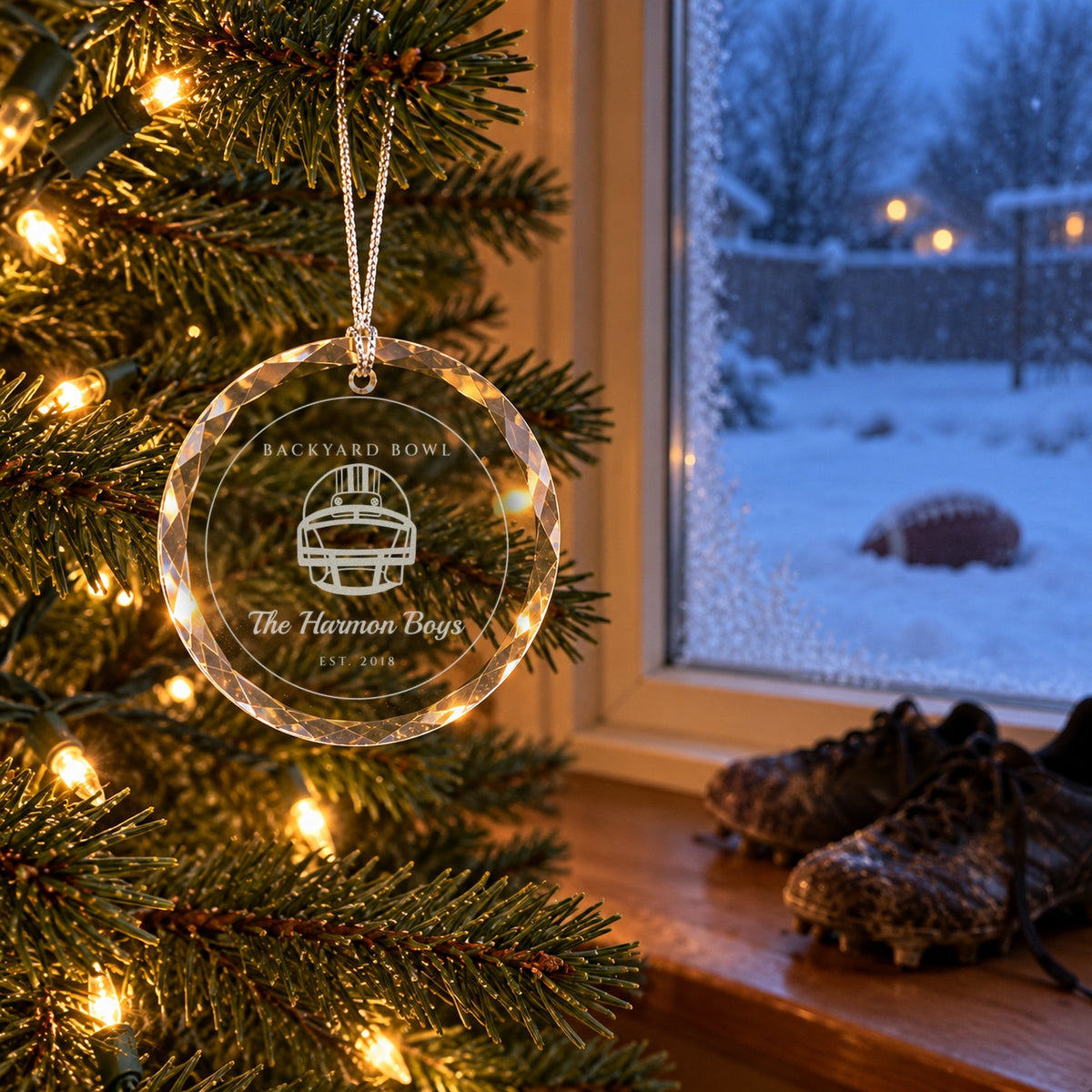Football Christmas ornament engraved BACKYARD BOWL, The Harmon Boys, EST. 2018 by a snowy window with a football in the yard and cleats on the sill