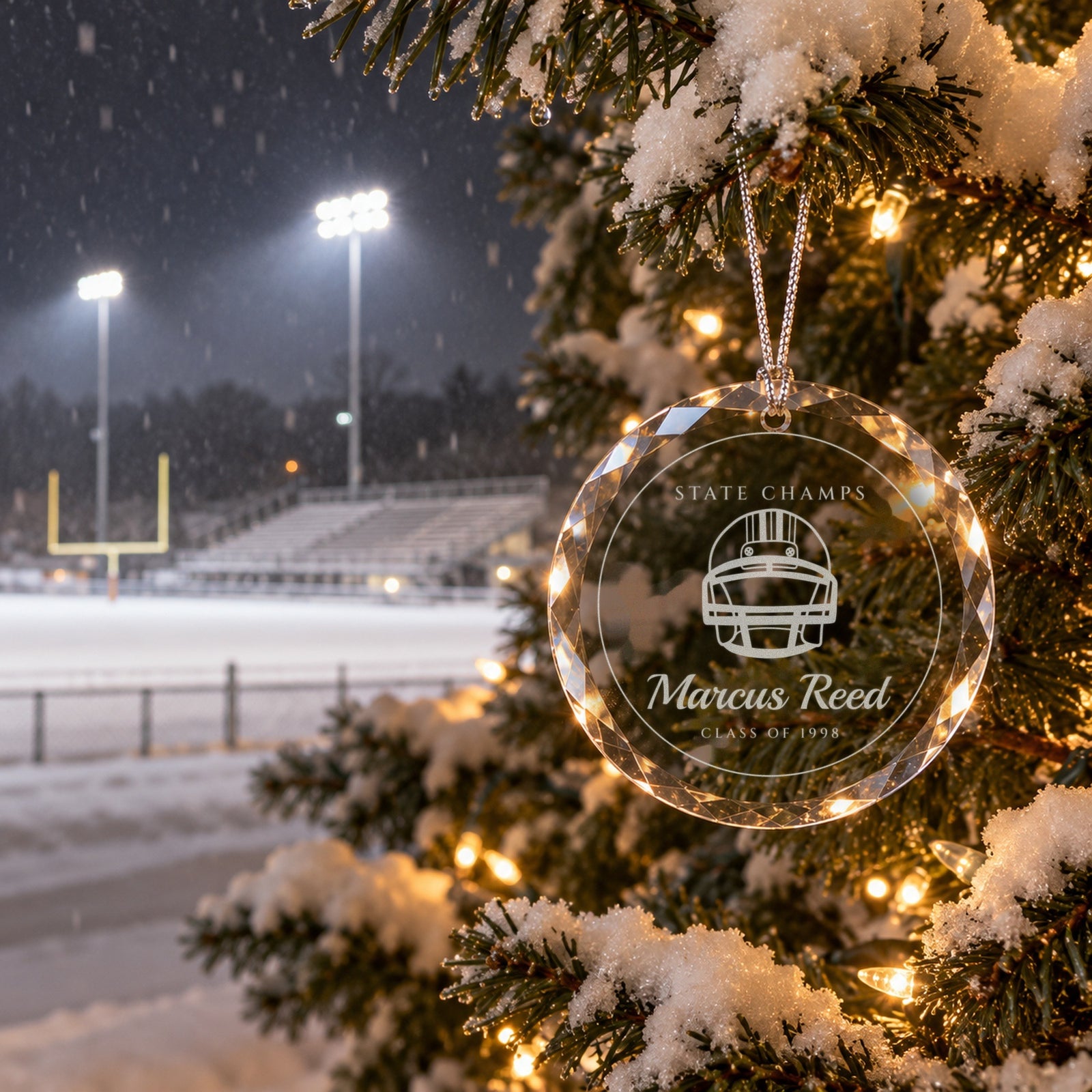 Football Christmas ornament engraved STATE CHAMPS, Marcus Reed, CLASS OF 1998 on a snowy evergreen beside a high school football field under the lights
