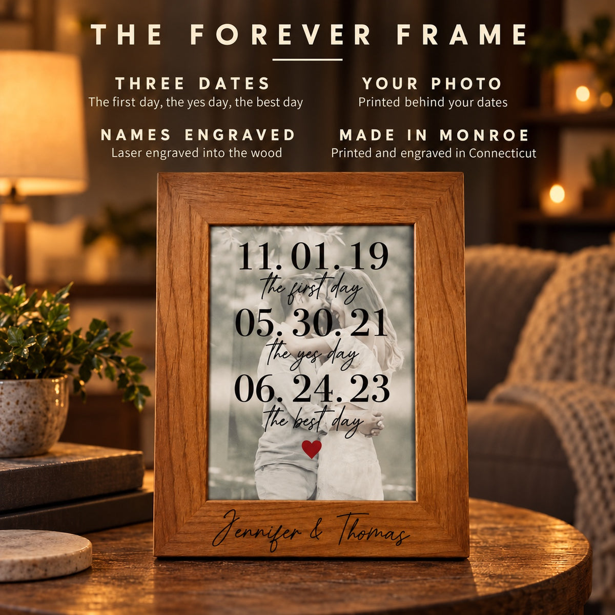 Details of the Forever Frame: three dates, your photo printed behind them and your names laser engraved into the wood, an anniversary gift for him