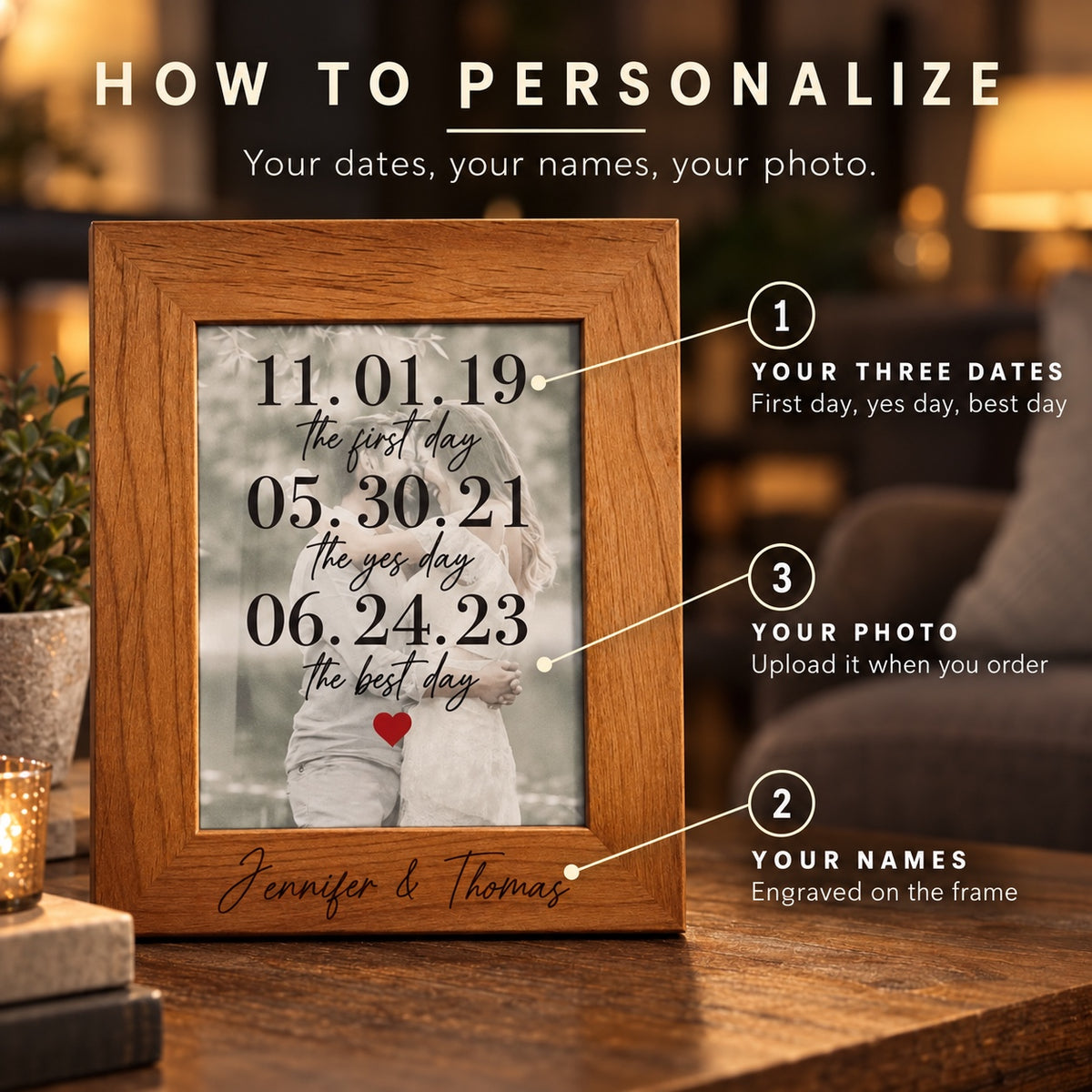 How to personalize the Forever Frame: add your three dates, your names engraved on the frame and upload your photo when you order