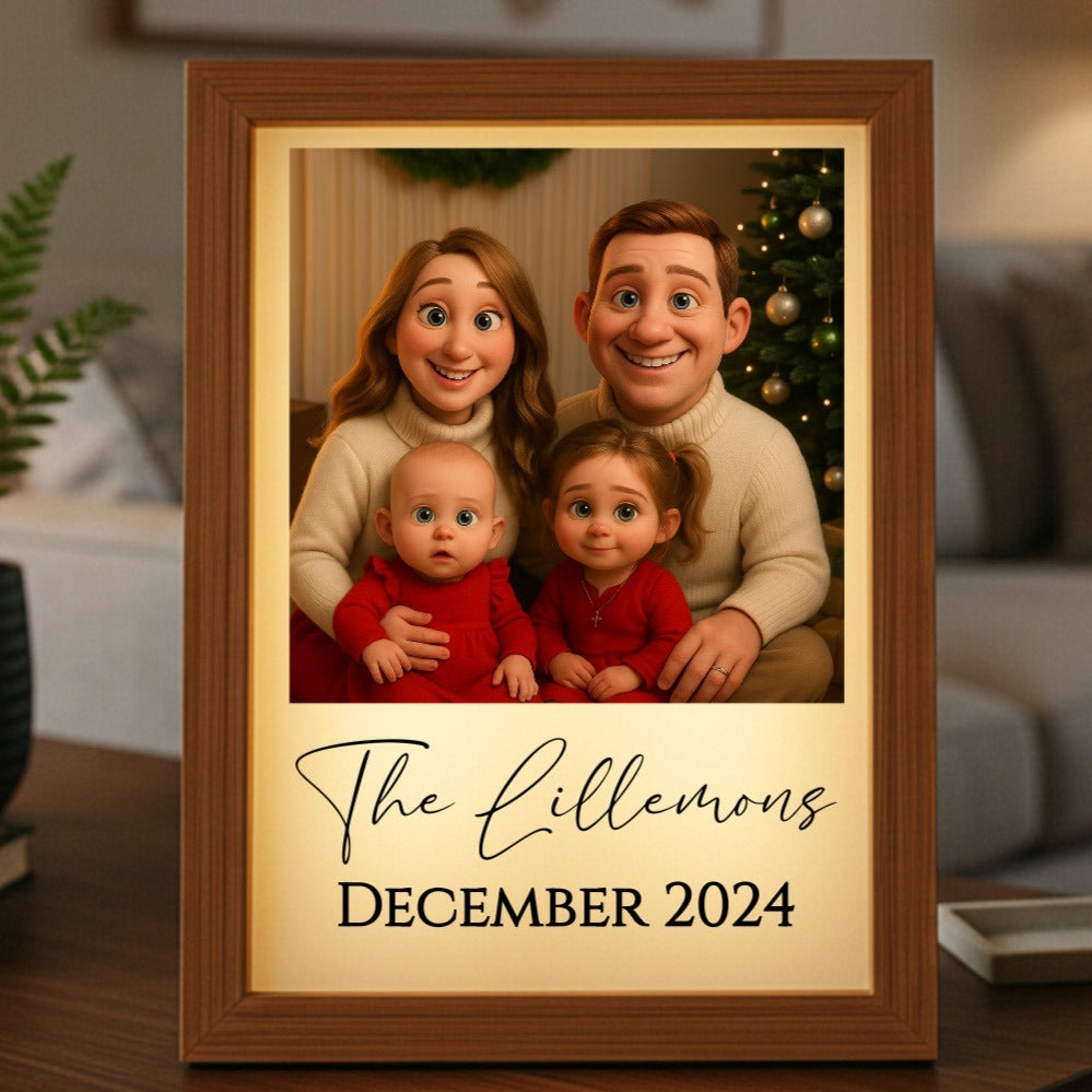 Wooden-framed personalized cartoon family portrait with sample text "The Lillemons December 2024" and soft LED backlighting, displayed on tabletop shelf